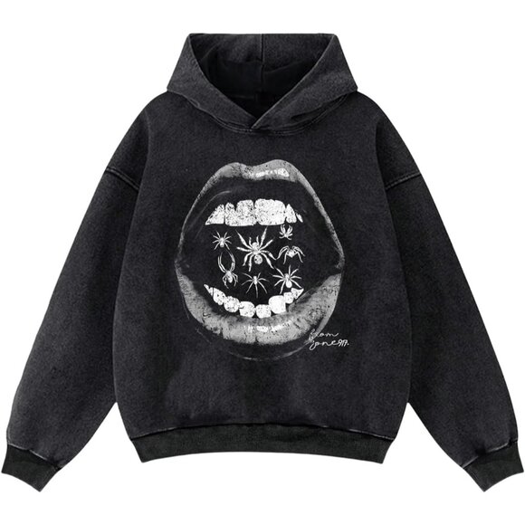 Men's Black Graphic Hoodies Oversized Drop Shoulder Long Sleeve Streetwear